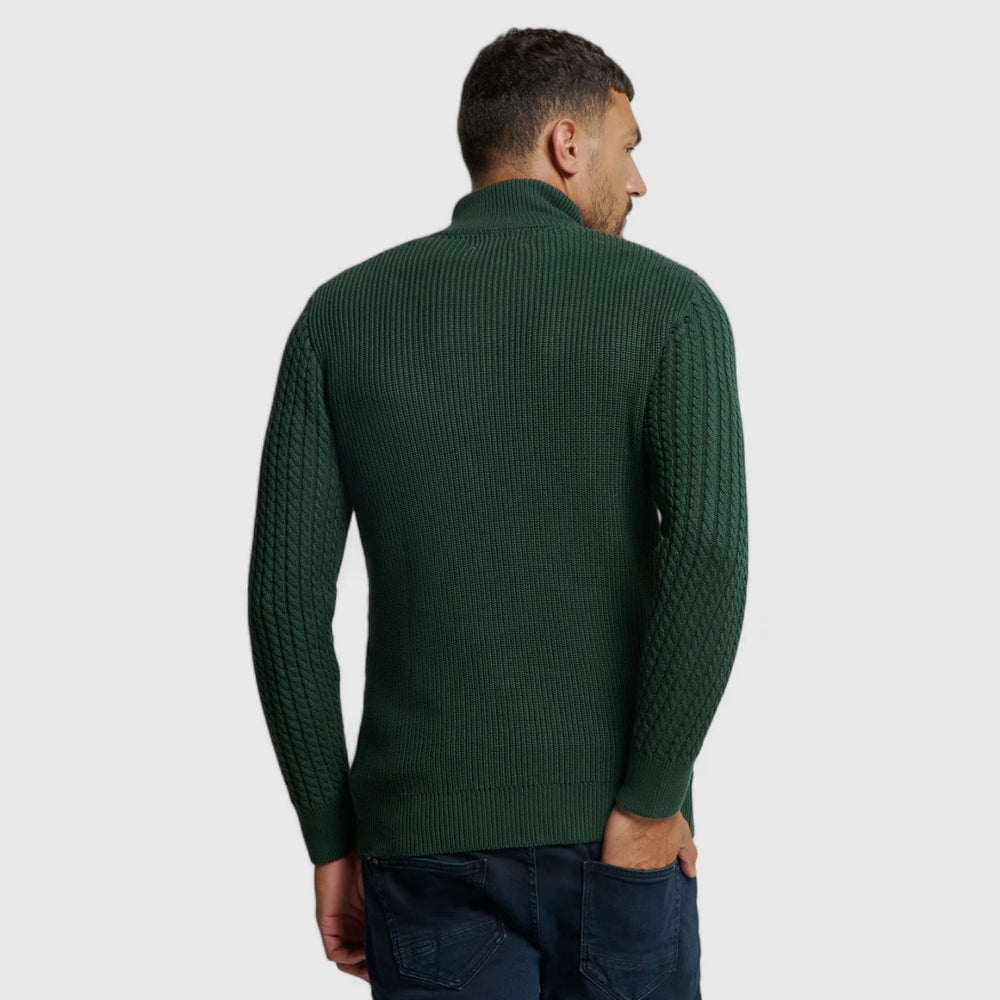 25230962-052 No Excess Pullover Half Zipper and Button Solid Jacquard Dark Green