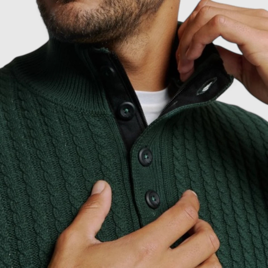 25230962-052 No Excess Pullover Half Zipper and Button Solid Jacquard Dark Green