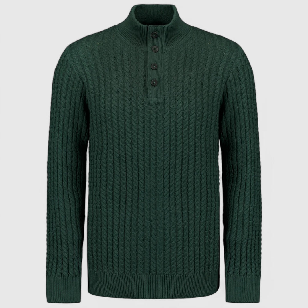 25230962-052 No Excess Pullover Half Zipper and Button Solid Jacquard Dark Green