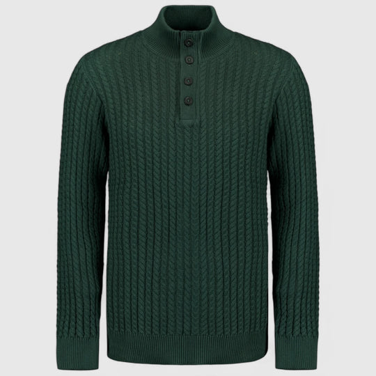 25230962-052 No Excess Pullover Half Zipper and Button Solid Jacquard Dark Green