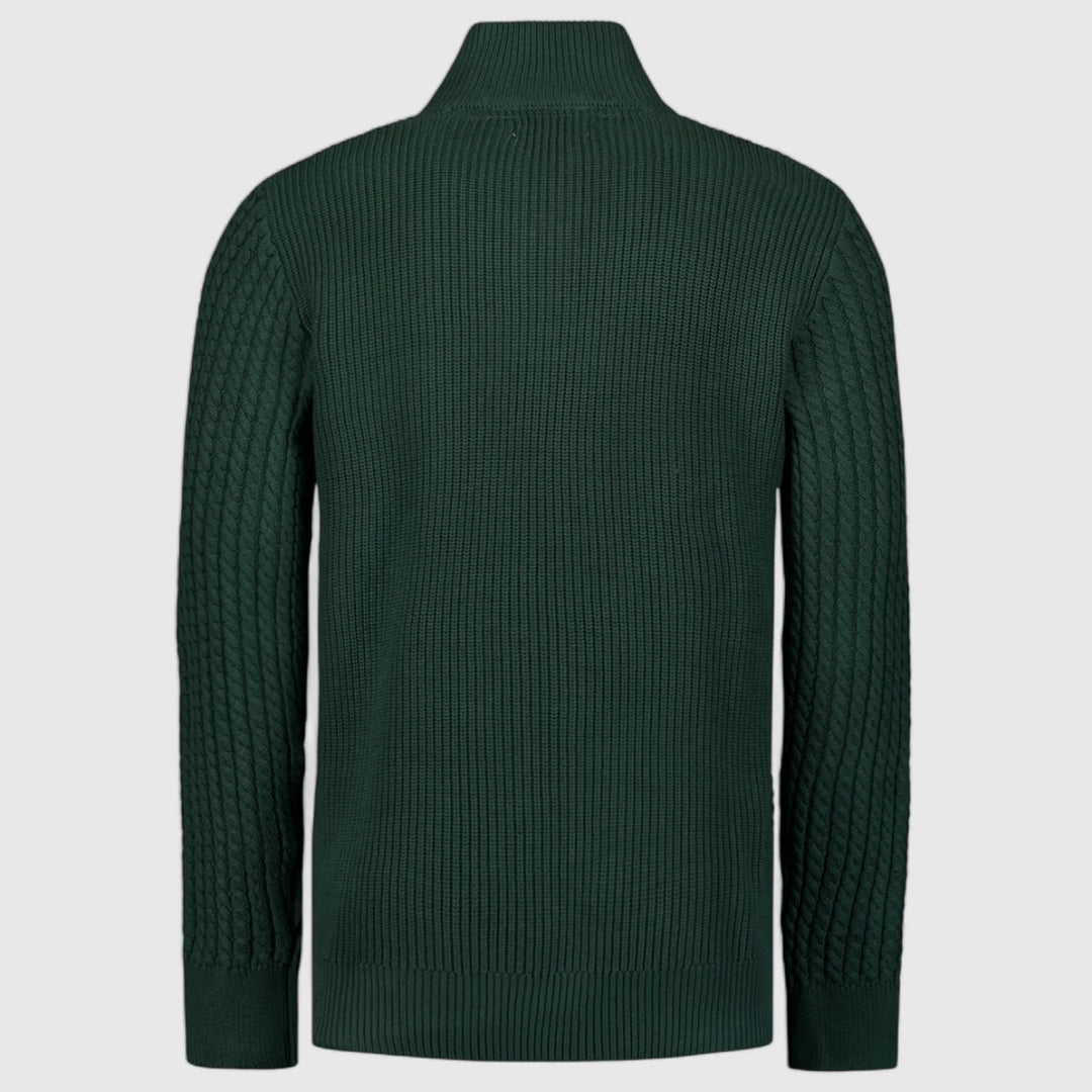 25230962-052 No Excess Pullover Half Zipper and Button Solid Jacquard Dark Green