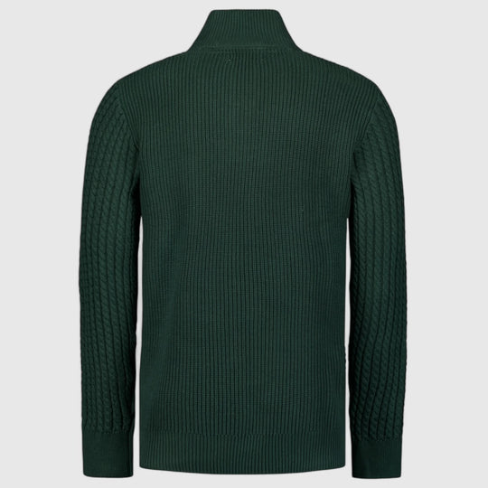 25230962-052 No Excess Pullover Half Zipper and Button Solid Jacquard Dark Green