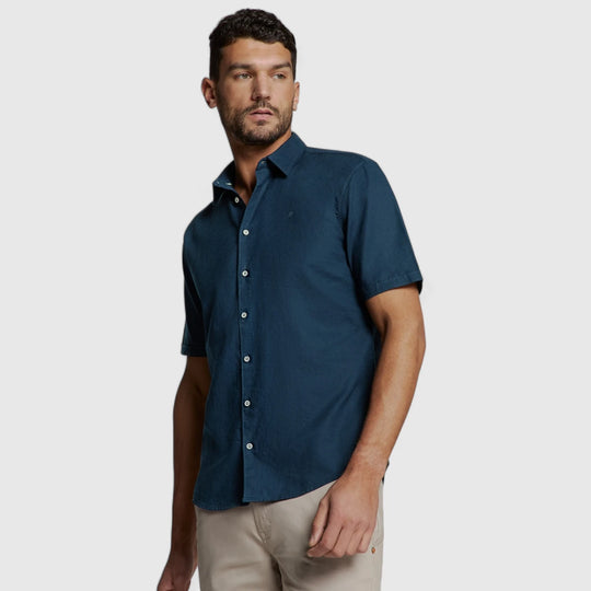 27480321SN-078 No Excess Shirt Short Sleeve Solid With Linen Night/Navy