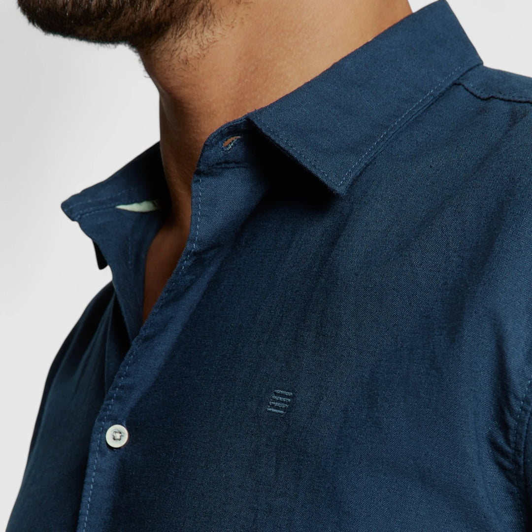 27480321SN-078 No Excess Shirt Short Sleeve Solid With Linen Night/Navy