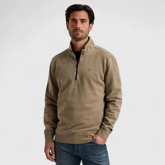 CSW2508443-8025 Cast Iron Sweater Half Zip Peached Overdye Brindle / Beige