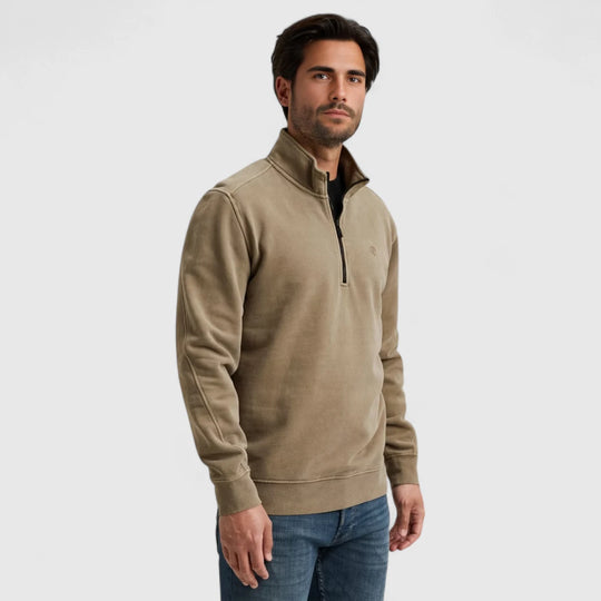 CSW2508443-8025 Cast Iron Sweater Half Zip Peached Overdye Brindle / Beige