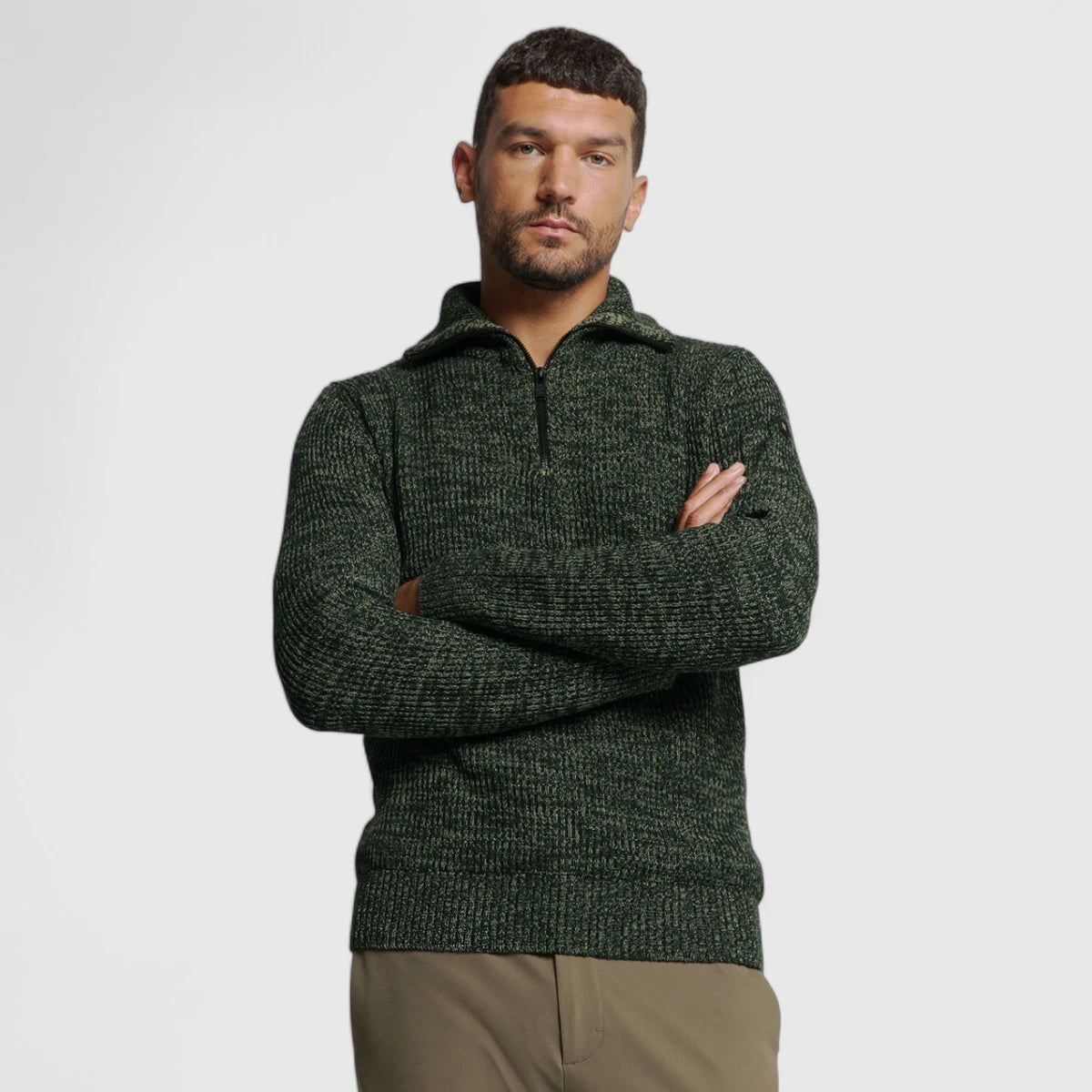 25230926-052 No Excess Pullover Half Zipper High Neck 3 Coloured Rib Dark Green