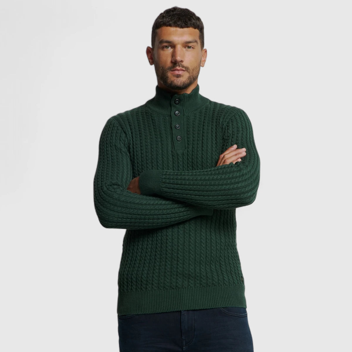 25230962-052 No Excess Pullover Half Zipper and Button Solid Jacquard Dark Green