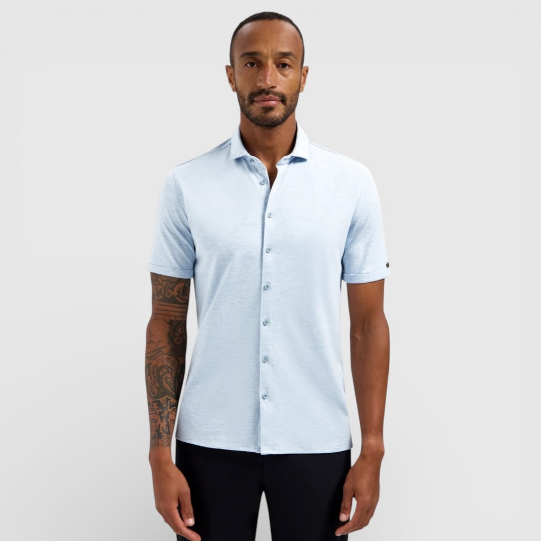 31420281SN-030 No Excess Korte Mouw Overhemd In Melange Jersey Stretch Blue / Blauw