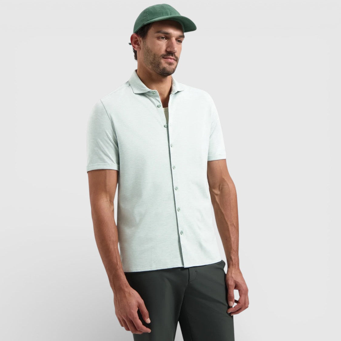 31420281SN-057 No Excess Korte Mouw Overhemd In Melange Jersey Stretch Sea Green / Groen