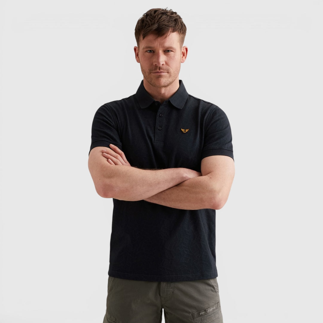 PPSS2605860-5282 PME Legend Polo Jersey Met Allover Jacquardpatroon Carbon / Donkerblauw