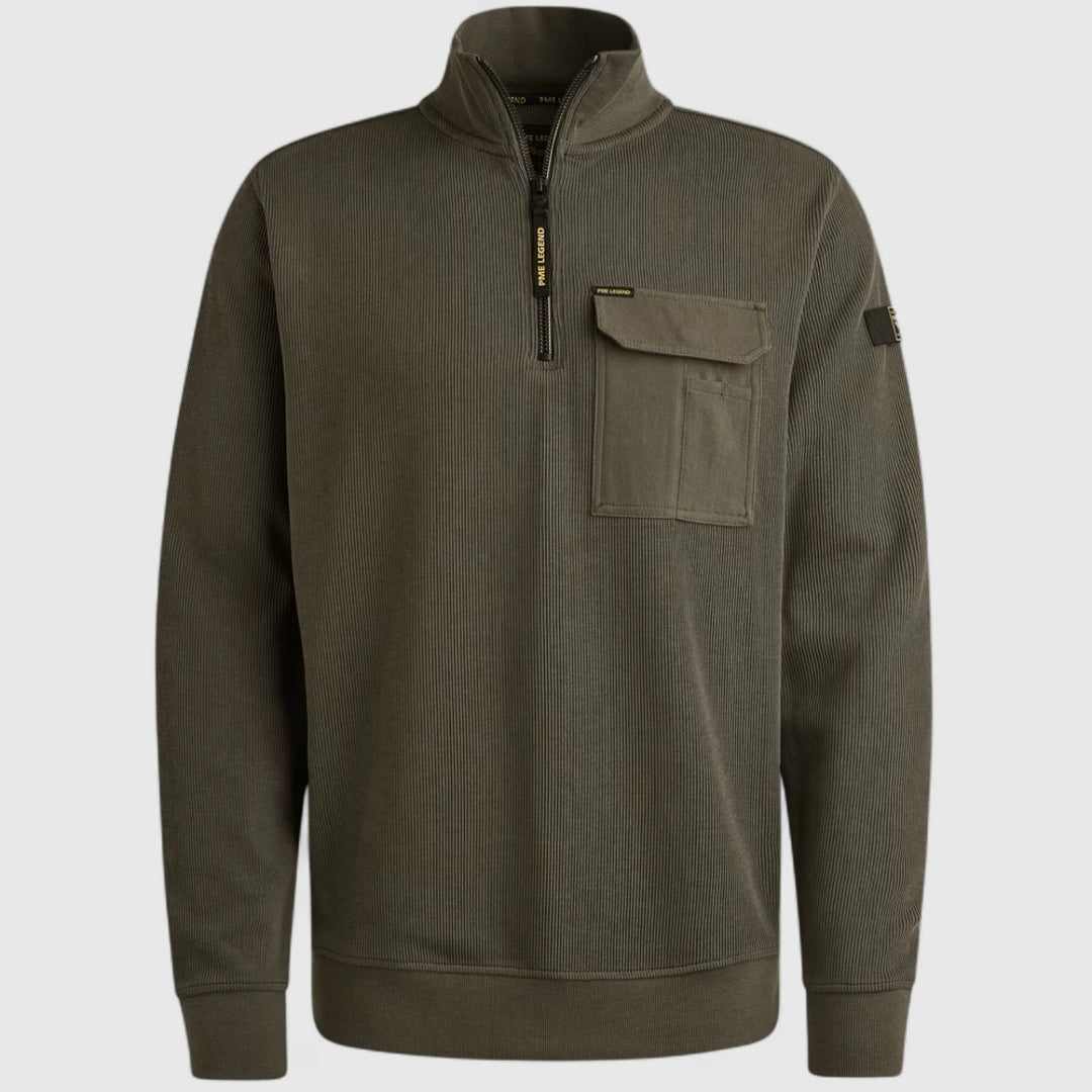 PSW2509457-8039 PME Legend Knitwear Half Zip Collar Knit Look Jersey Beluga / Groen