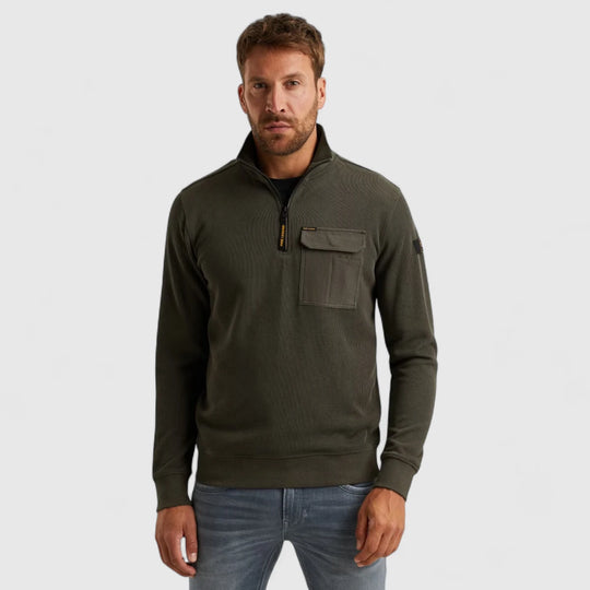 PSW2509457-8039 PME Legend Knitwear Half Zip Collar Knit Look Jersey Beluga / Groen