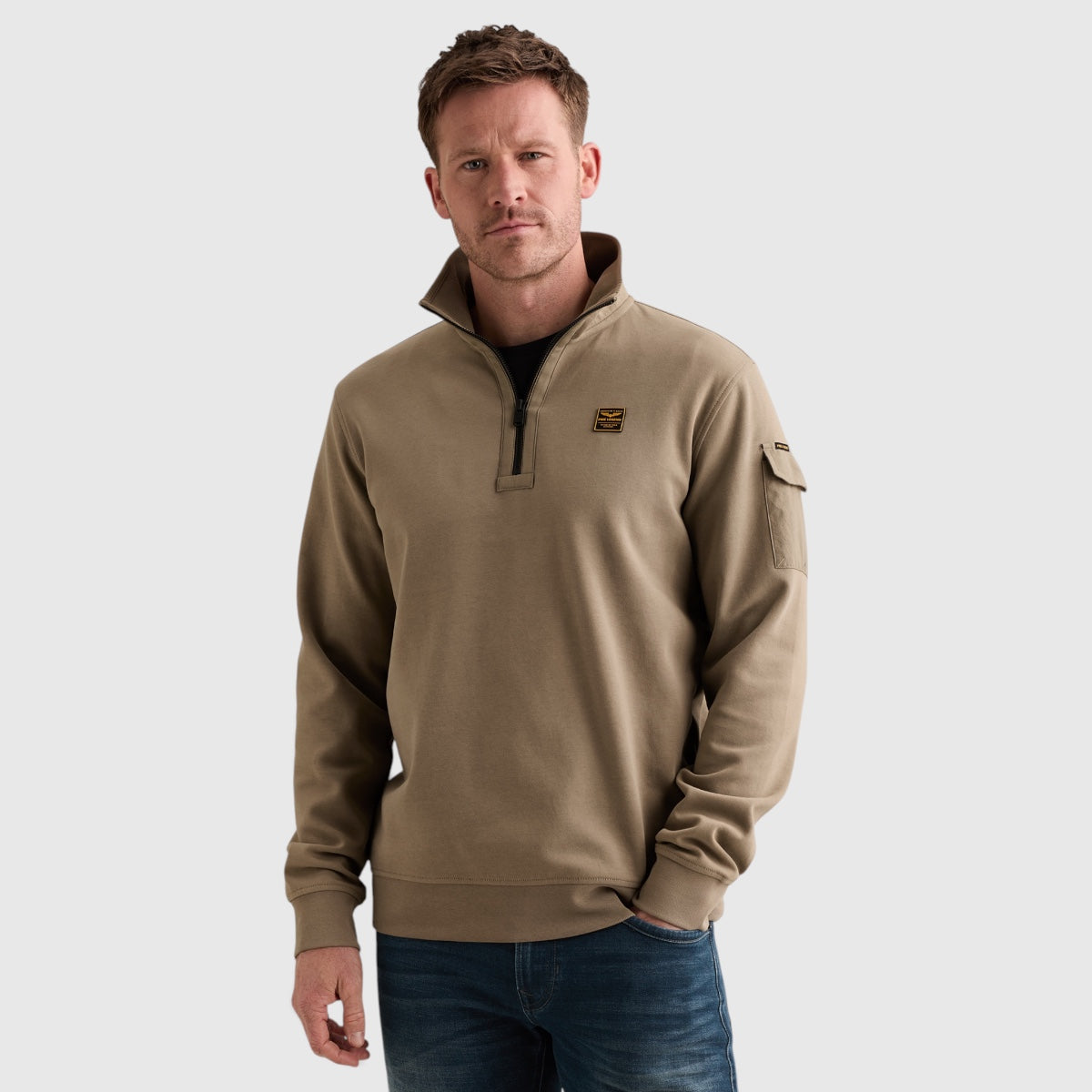 PME Legend half-zip sweater in Overland Trek Khaki, vooraanzicht, PSW2608423-6485