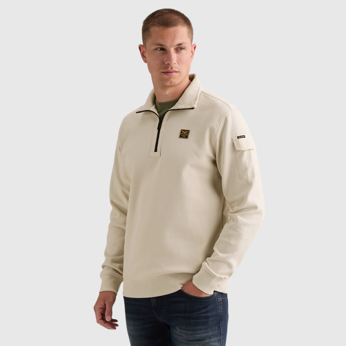 PME Legend half-zip sweater in Bone White Gebroken wit, vooraanzicht, PSW2608423-7013