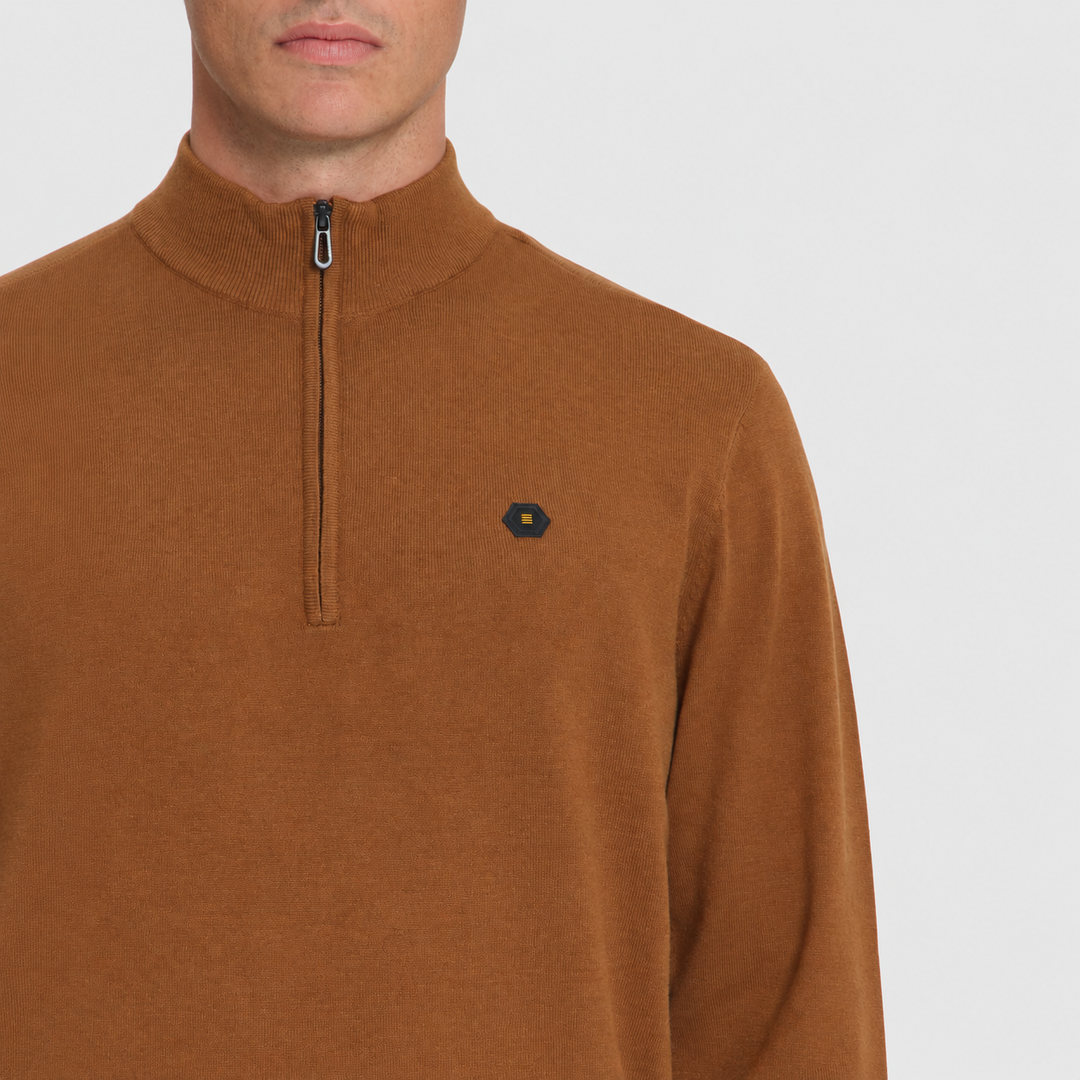 No Excess Trui Half-Zip Melange Caramel 33210895SN-048, detail van kraag en stof