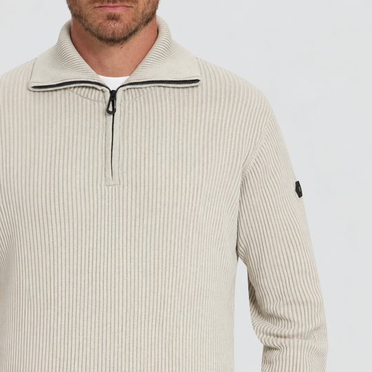 No Excess Trui Ribbed Half Zip Stone 33230932SN-014, detail van kraag en stof