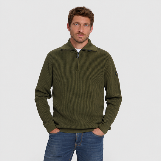 No Excess Trui Ribbed Half Zip Moss 33230932SN-152, vooraanzicht op model