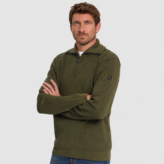 No Excess Trui Ribbed Half Zip Moss 33230932SN-152, schuin aanzicht op model