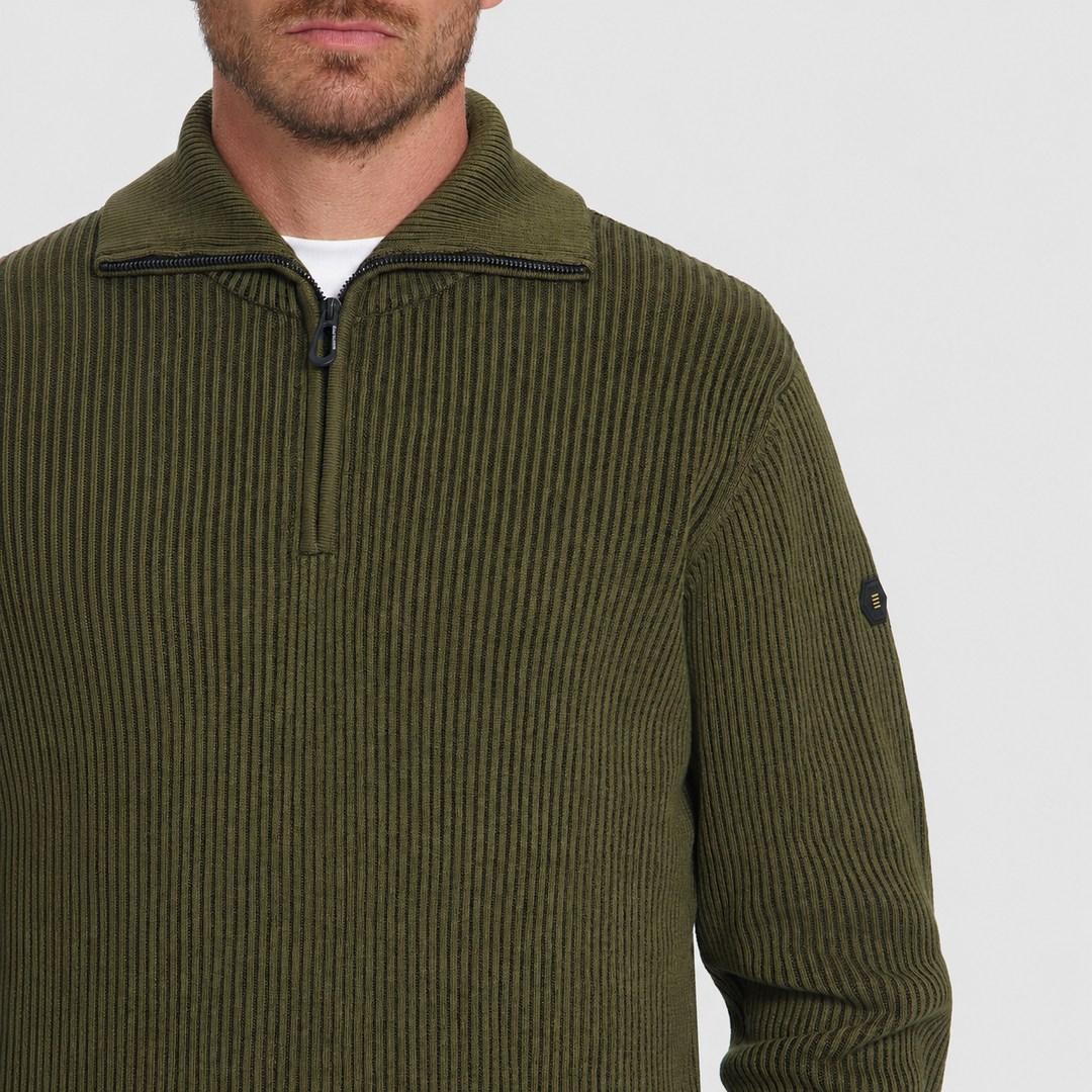 No Excess Trui Ribbed Half Zip Moss 33230932SN-152, detail van kraag en stof