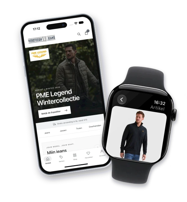 L’application Versteegh Jeans sur iPhone et Apple Watch avec un article PME Legend